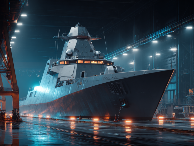 A modern frigate ship under construction