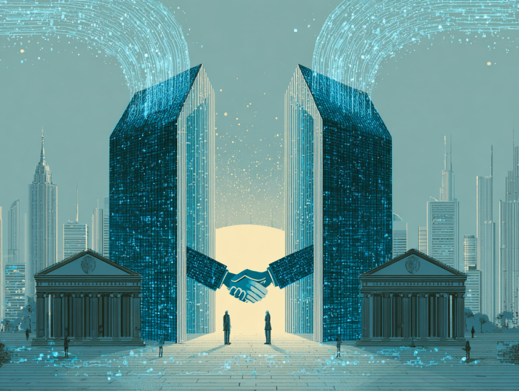 A professional corporate illustration showing two financial institutions forming a strategic partnership