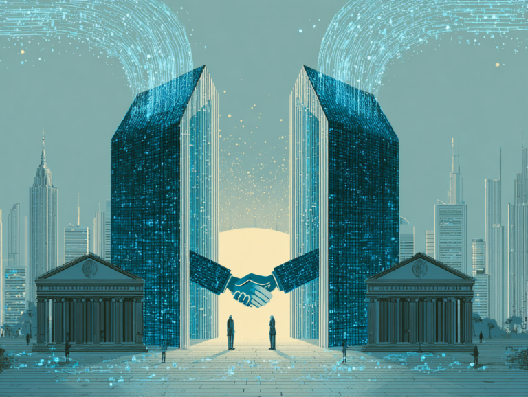 A professional corporate illustration showing two financial institutions forming a strategic partnership