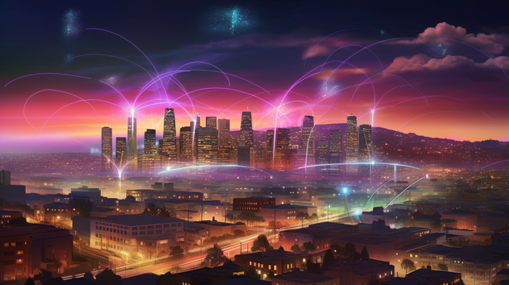 Futuristic American cityscape with advanced 5G Fixed Wireless Access