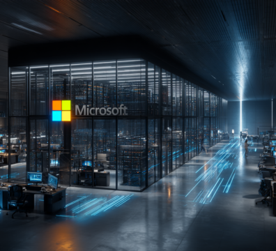 Futuristic AI cloud computing data center. Microsoft branding