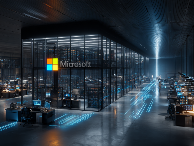 Futuristic AI cloud computing data center. Microsoft branding