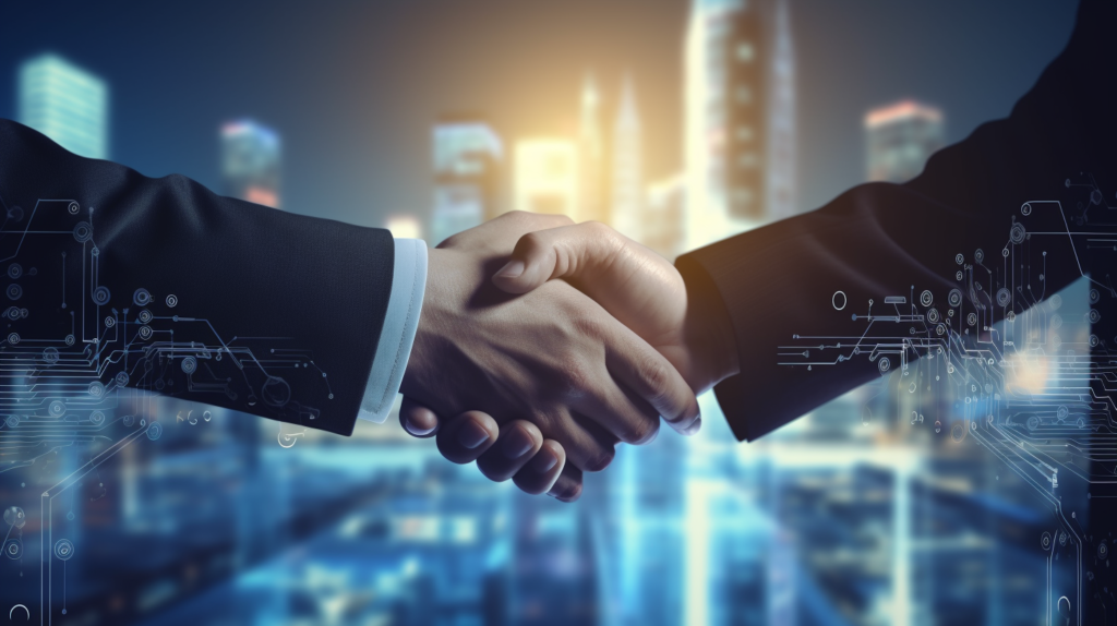 two powerful business partners shaking hands in front of a futuristic financial building