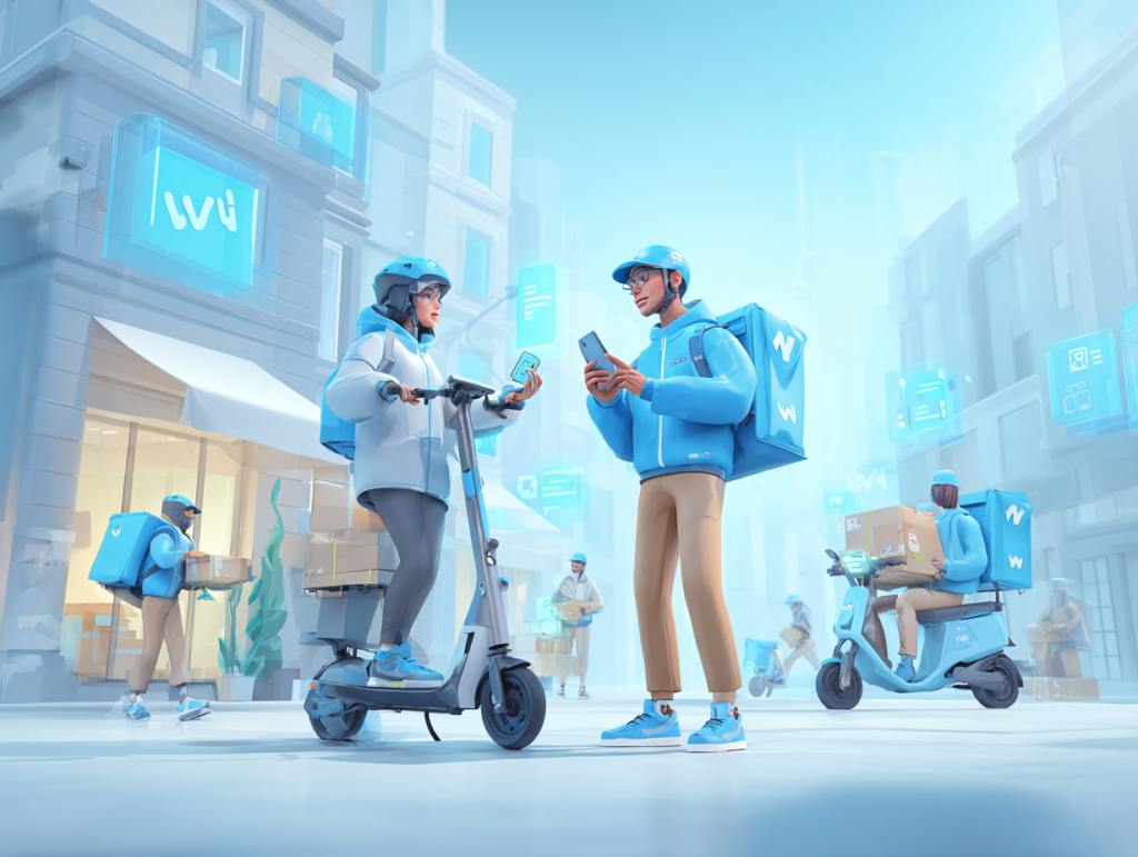 A modern, vibrant cityscape with a delivery courier on an electric scooter