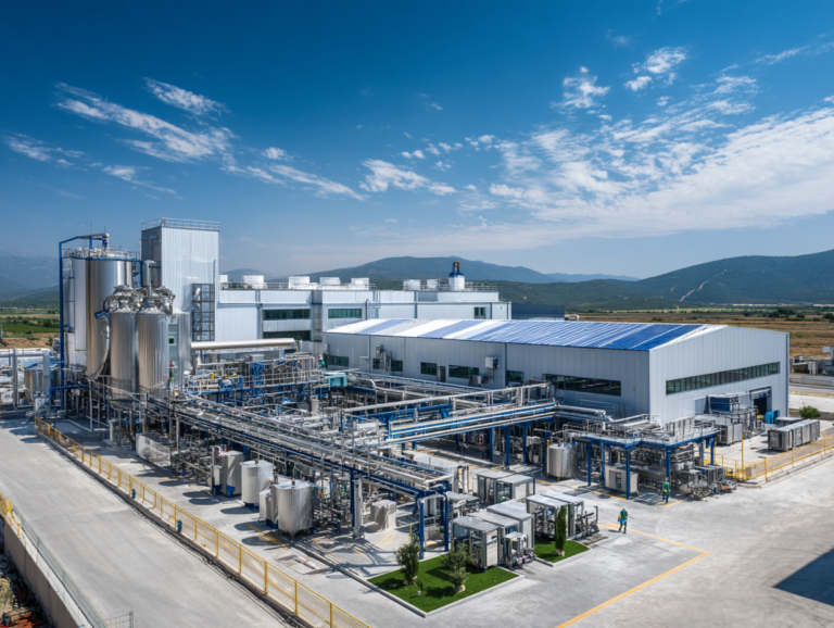 High-tech tomato processing plant with advanced aseptic packaging machines, showcasing modern industrial equipment and production lines.