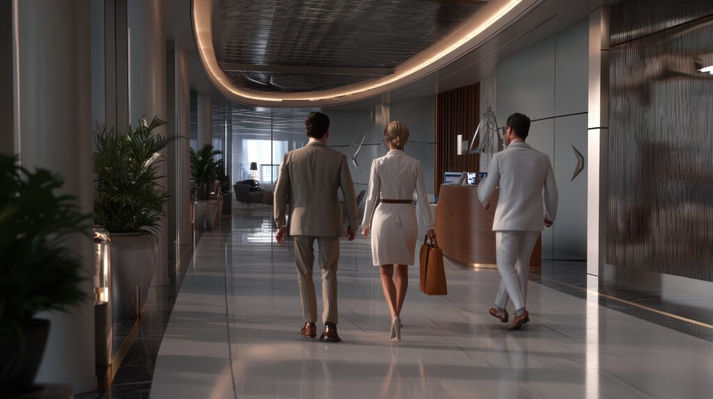 Businesspeople walking luxury hotel corridor, bright lobby background, corporate travel