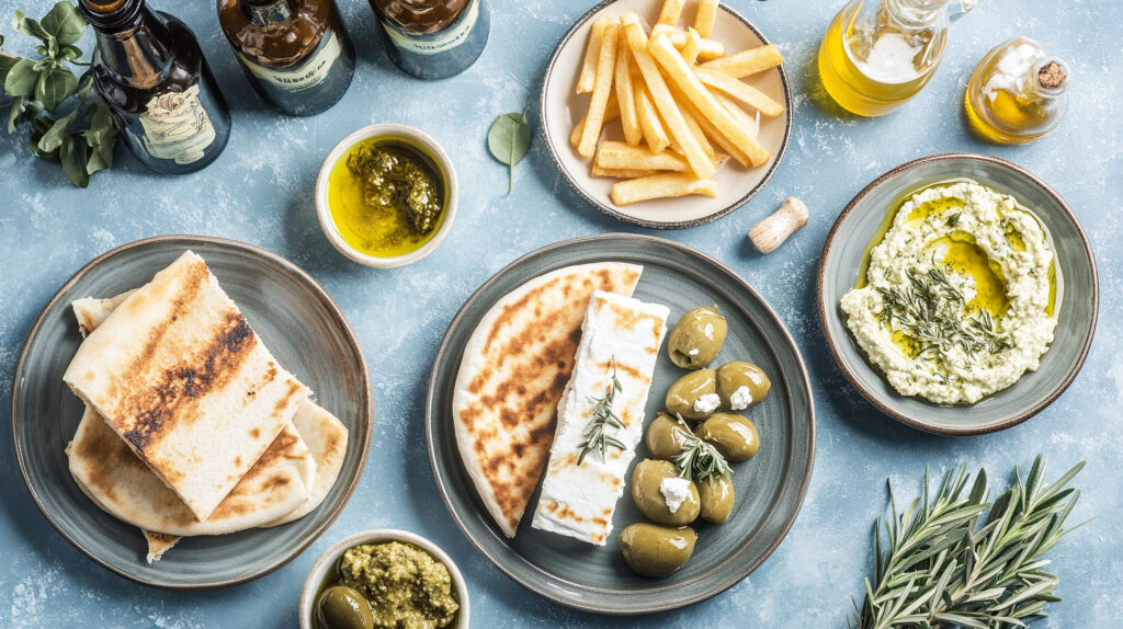 various dishes plates pita sandwiches fries hummus feta cheese salad dolma leaves and kebab