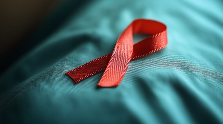 A red ribbon rests on teal fabric, symbolizing the fight against AIDS.