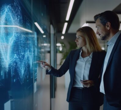 Professionals analyzing data on a digital screen.