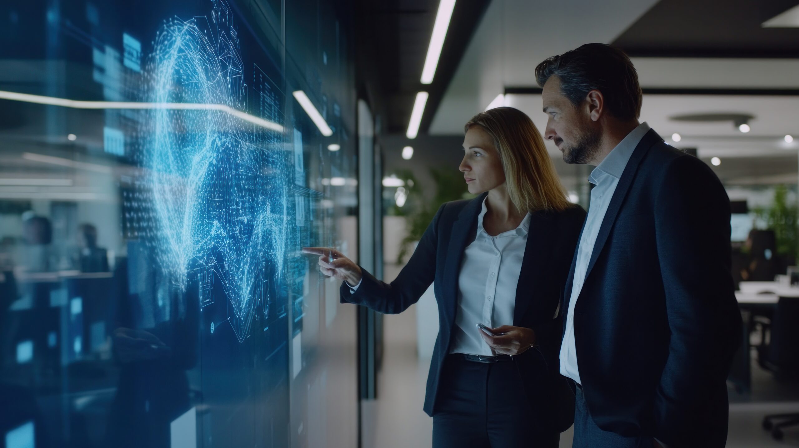 Professionals analyzing data on a digital screen.