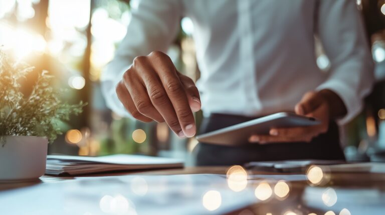 Business professional using tablet to analyze data outdoors during sunset in a modern office environment