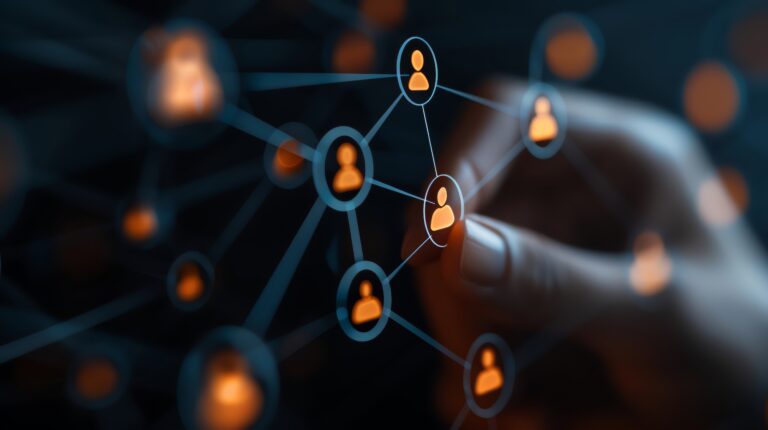 Hand interacting with a digital network of connections representing relationships and social interaction in a modern environment.