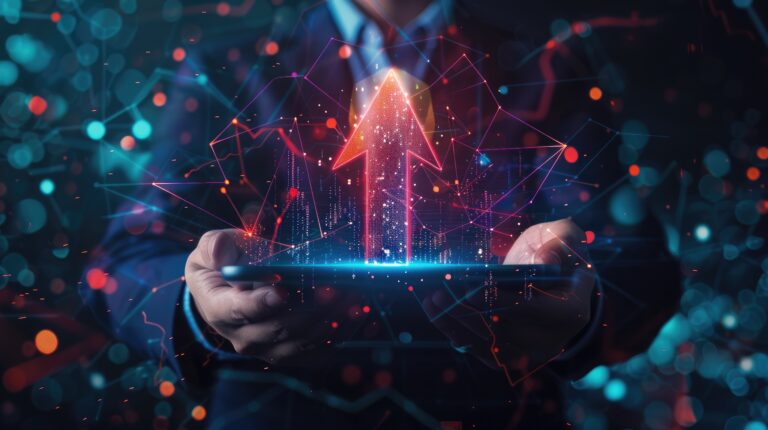 Illuminating Business Growth, Business Person Holding Glowing Arrow on Digital Screen Amid Financial Data and Innovation Elements.