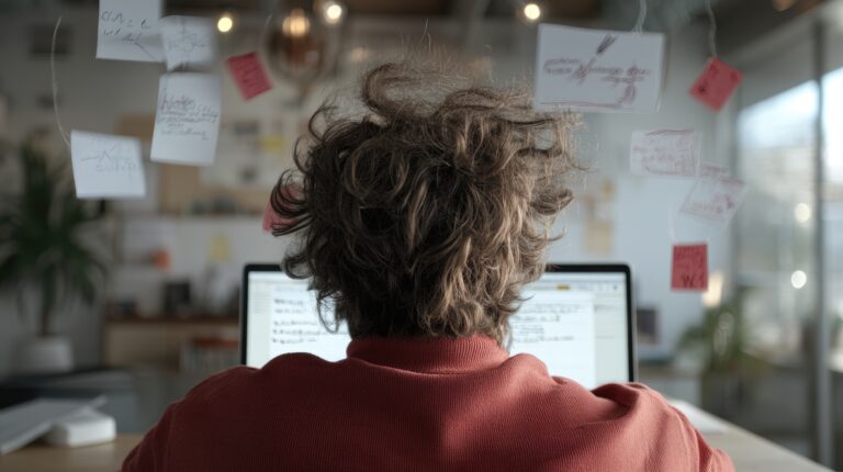 A person with curly hair is intently working on a laptop in a stylish office filled with colorful notes and a warm atmosphere, emphasizing creativity and productivity.