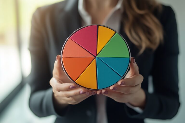An individual in business attire showcases a vibrant, circular segmented wheel, likely used for presentations or brainstorming in a sleek, contemporary office environment.