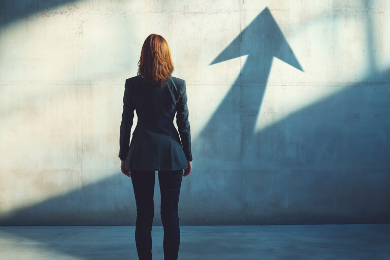 A woman stands facing a concrete wall with a large upward arrow shadow casted on it, signifying growth and business progress. Ai generative