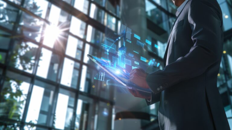 Man in suit using holographic tablet in modern office.