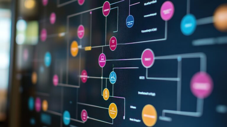 A colorful flowchart illustrating complex processes and connections in a digital format.