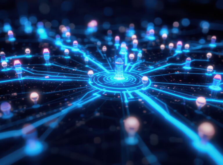 A vibrant digital network visual featuring bright nodes and dynamic connections. This abstract design represents technology and innovation in data connectivity.